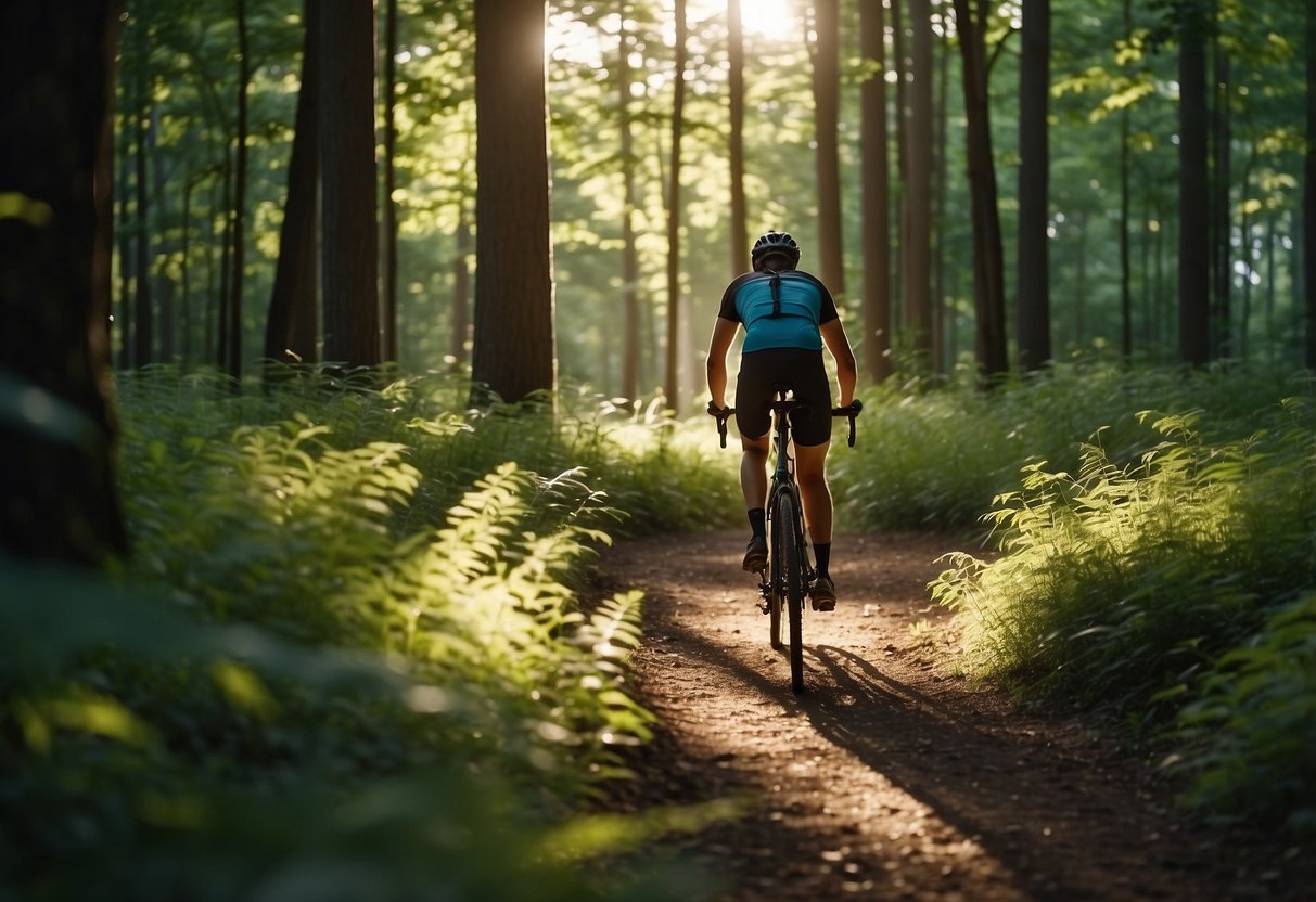 Biking through a lush forest, a cyclist swats at buzzing insects while following a trail. The sun filters through the trees, casting dappled light on the path ahead