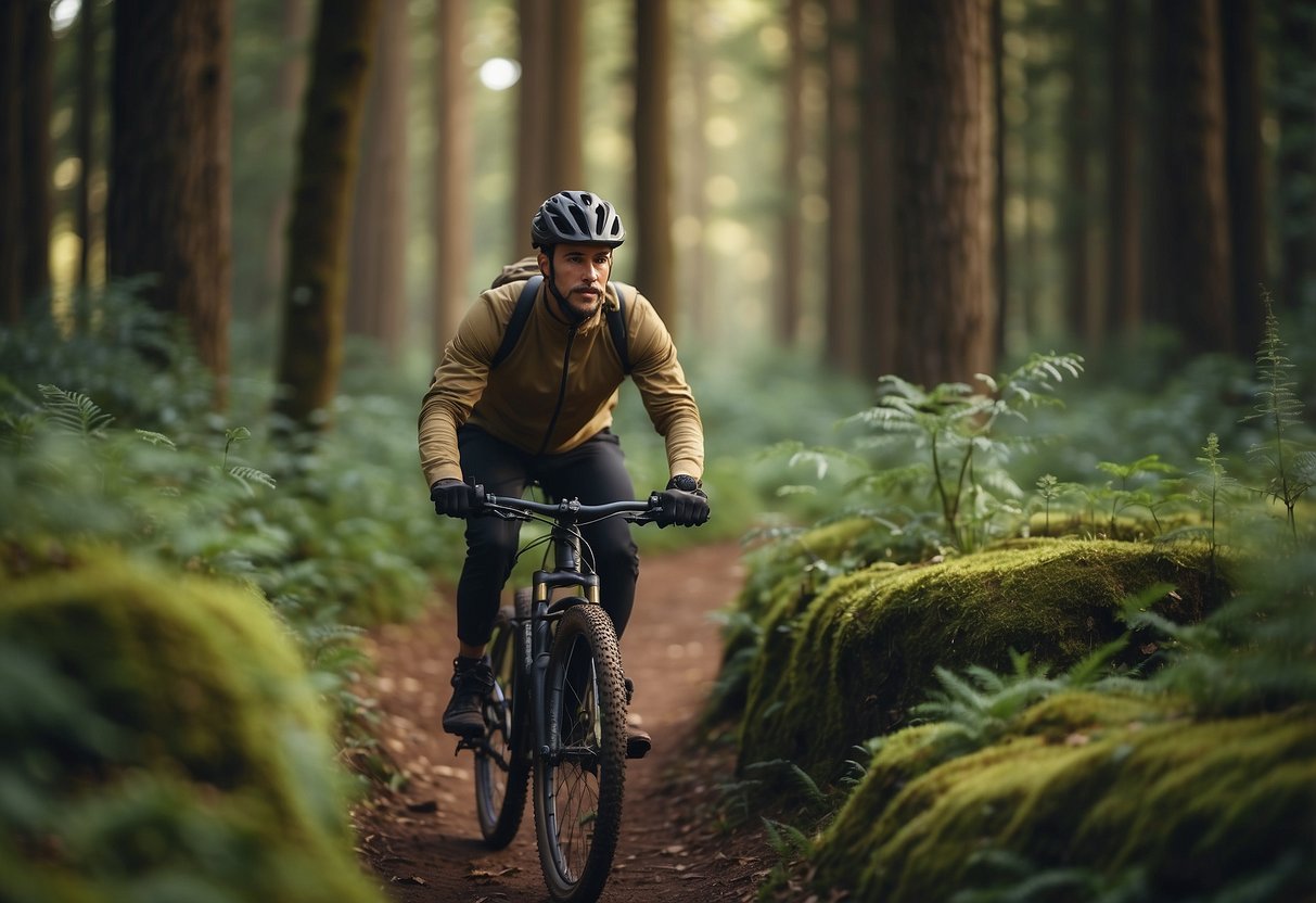 Person wearing long sleeves and pants biking through a forest, insects buzzing around