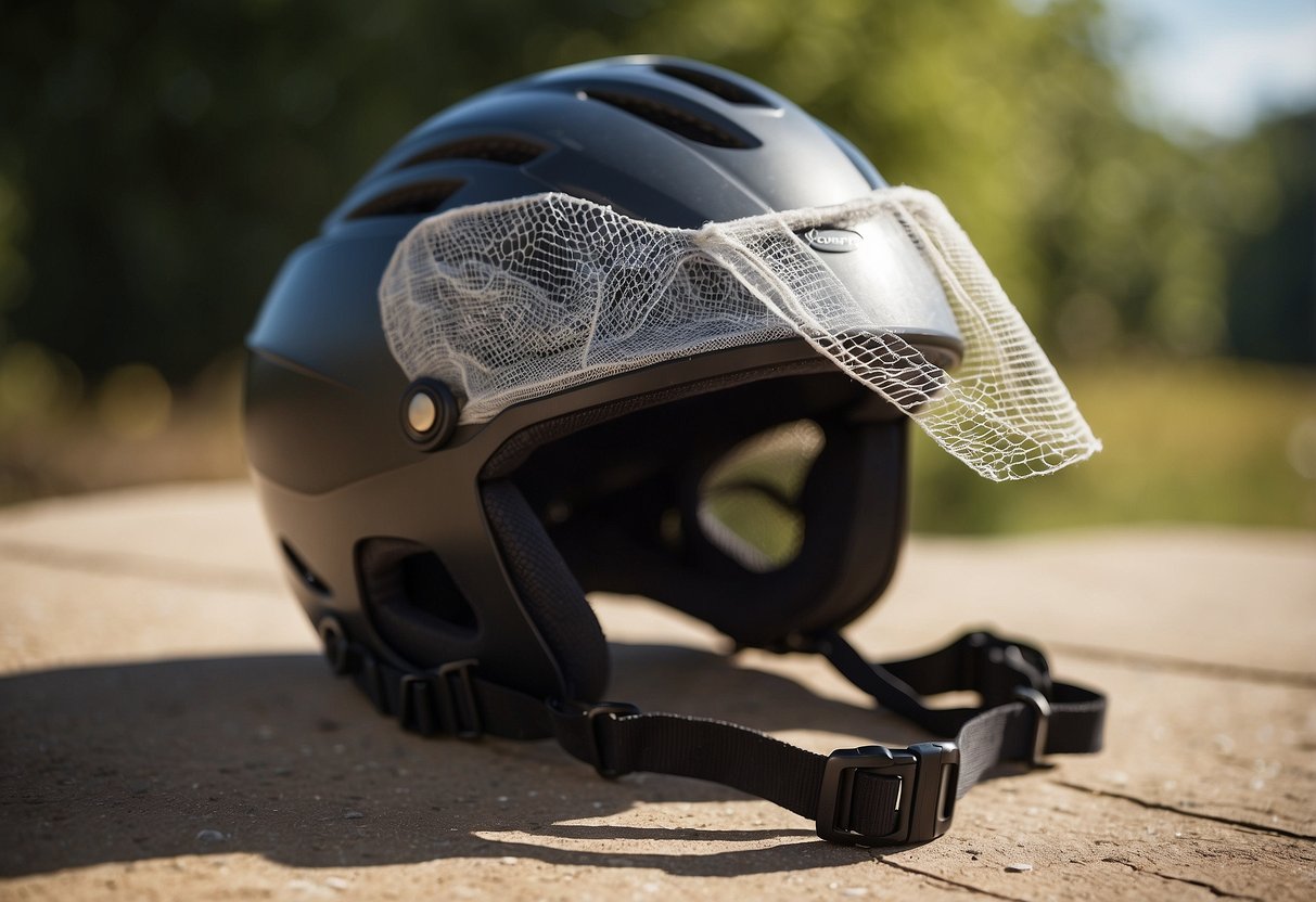 A helmet with a bug net attached, ready for biking