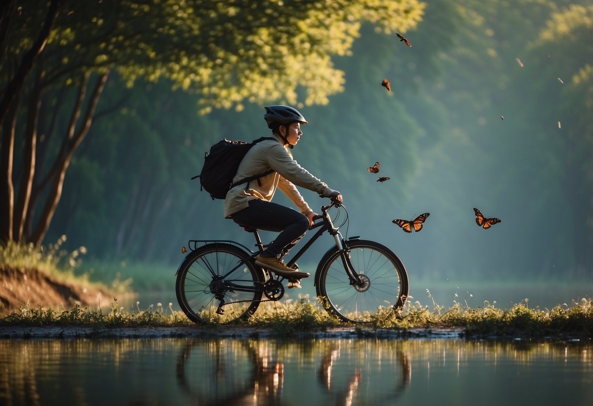 A person on a bike veers away from still water, swarmed by insects