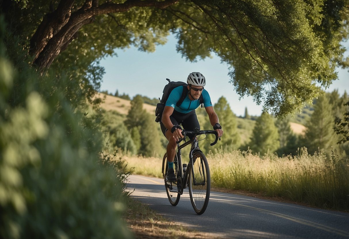 A cyclist swerving to avoid a swarm of insects. Wearing protective gear and using insect repellent. Surrounding landscape with greenery and a clear blue sky