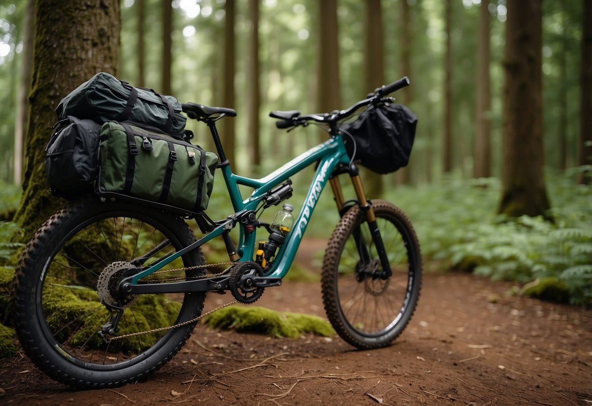 A bike parked in a forest clearing, surrounded by tall trees and lush greenery. Insects buzz around, and the rider's gear includes bug spray, a head net, and long-sleeved clothing