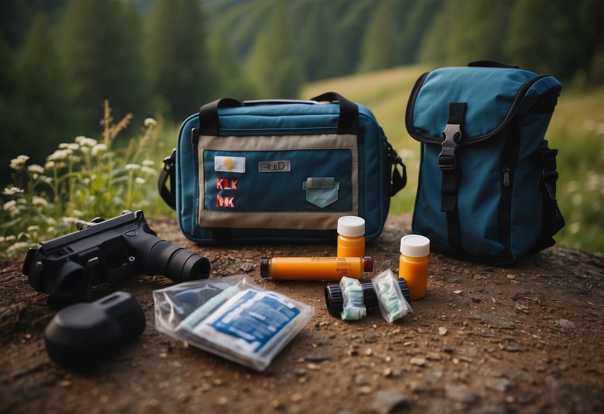 A bike with a compact first aid kit attached to the frame, surrounded by scenic biking trails and nature