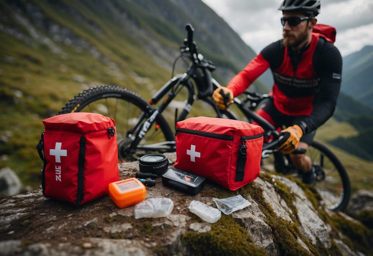 A mountain biker reaches into a compact, waterproof first aid kit attached to their bike frame. The kit features bright red packaging and essential medical supplies