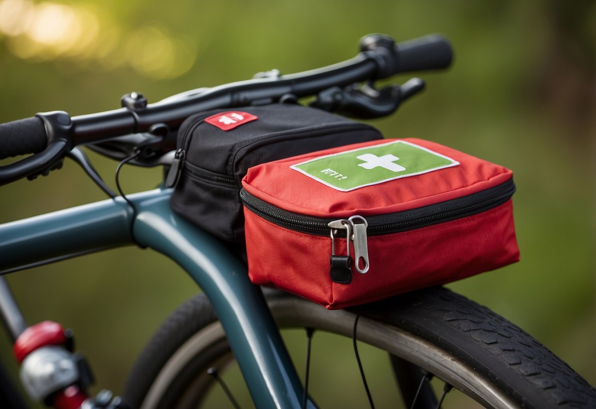 A compact first aid kit sits atop a bike seat, ready for use. Bright colors and durable materials make it ideal for outdoor adventures