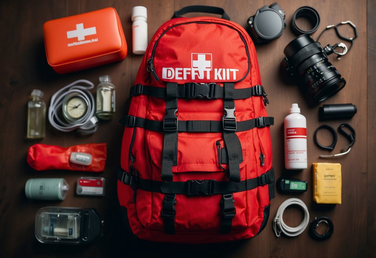 A bright red backpack with "DEFTGET 163-Piece First Aid Kit" printed on it, surrounded by biking gear and accessories