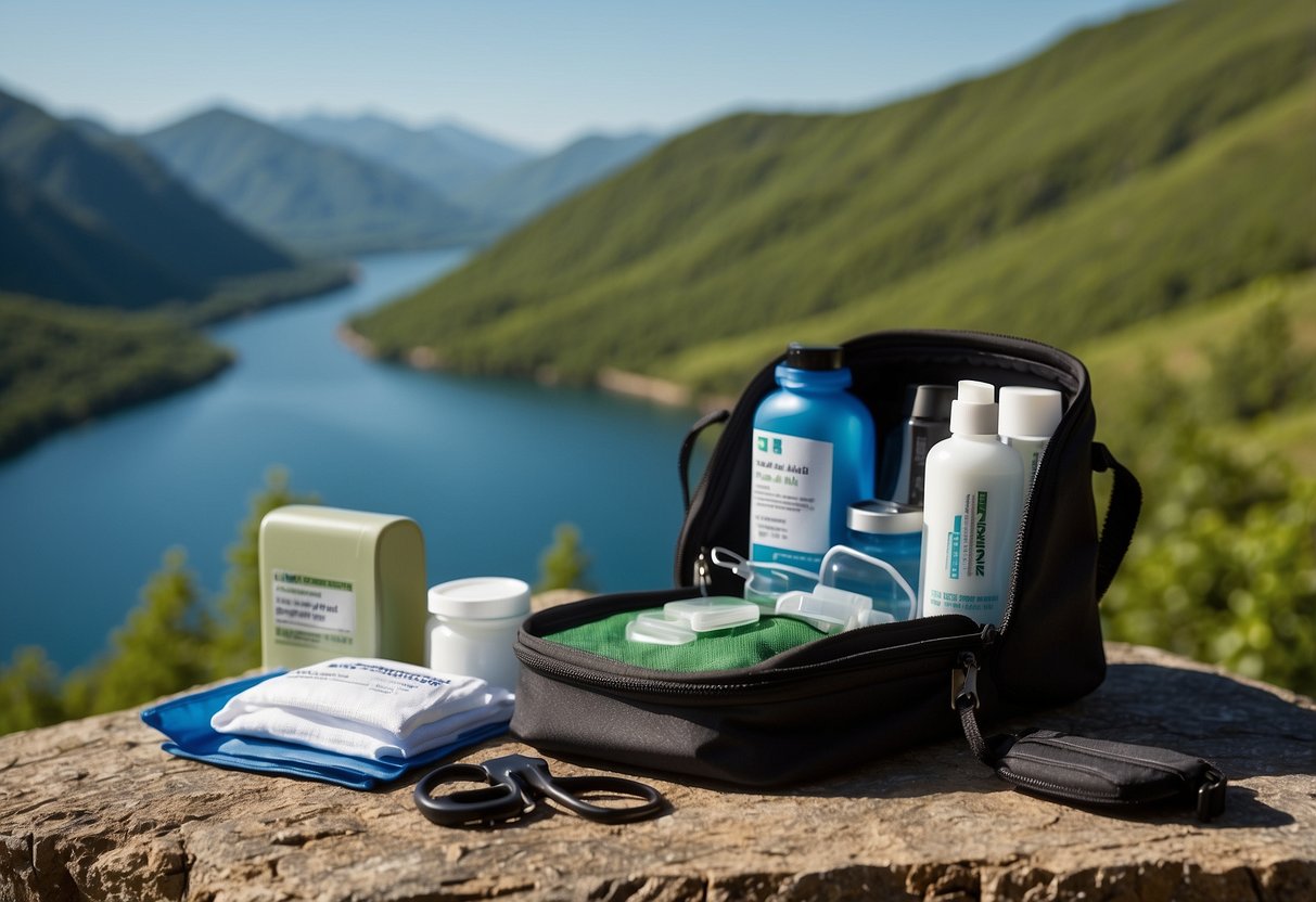 A cyclist unpacks a compact first aid kit, containing essential supplies for biking emergencies, against a scenic backdrop of winding trails and lush greenery