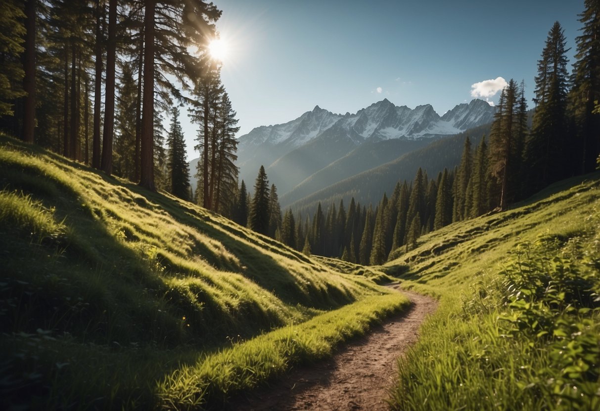 Lush green mountains surround a winding trail. Sunlight filters through the trees, casting dappled shadows on the path. Snow-capped peaks loom in the distance, creating a stunning backdrop for the adventurous bikers