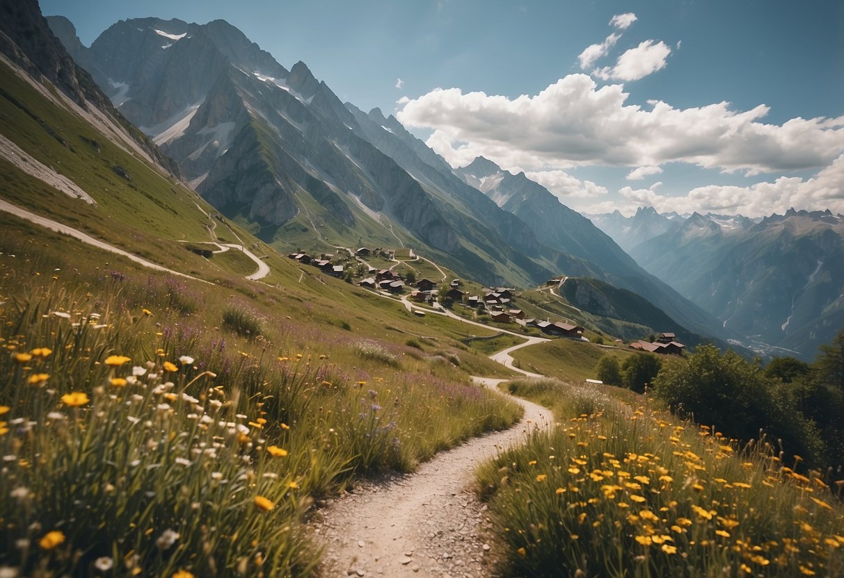 A winding trail cuts through the rugged terrain of the Alpe d'Huez, with majestic alpine peaks in the distance. The path is surrounded by lush greenery and colorful wildflowers, creating a picturesque scene for a biking adventure