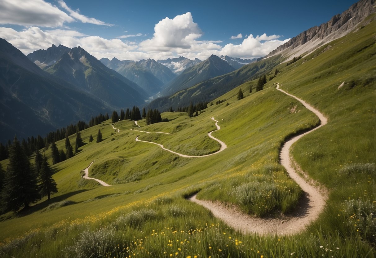 A winding single trail cuts through lush alpine meadows, with majestic mountains looming in the background