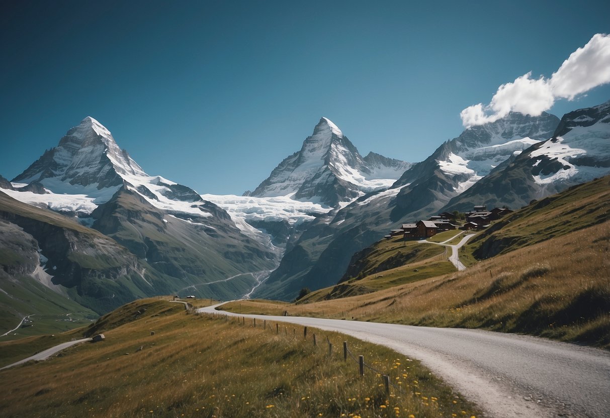 A breathtaking mountainous landscape with winding biking trails and snow-capped peaks in Zermatt Cervinia, Switzerland