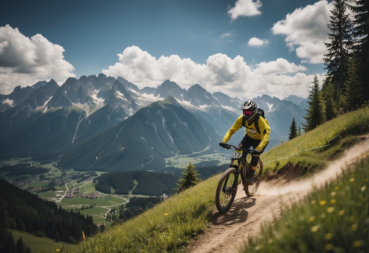 Mountains loom over Leogang Bikepark's winding trails, surrounded by lush alpine scenery and dotted with adrenaline-pumping obstacles