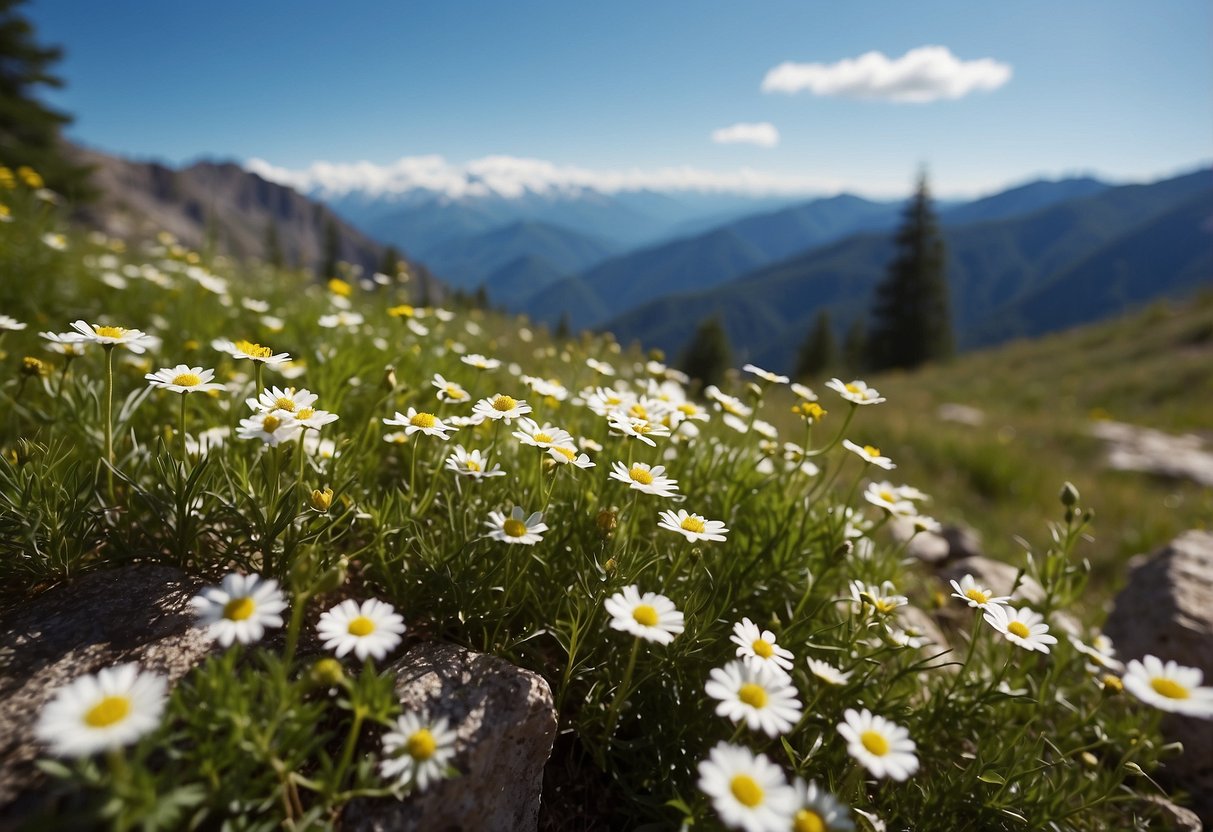 Lush green mountain slopes, winding trails, snow-capped peaks, and vibrant wildflowers. Rocky terrain and clear blue skies