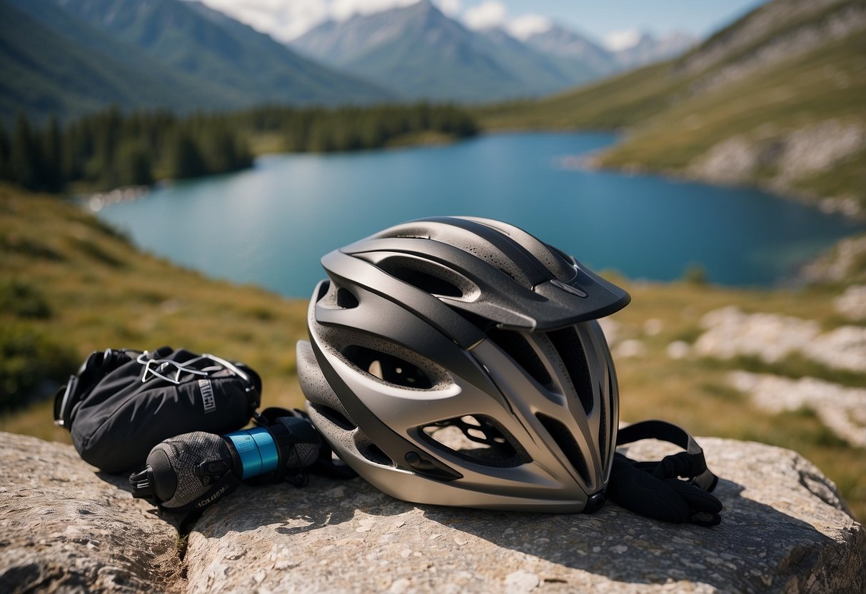 A mountain bike, helmet, gloves, and water bottle lay on a rocky trail with stunning alpine scenery in the background