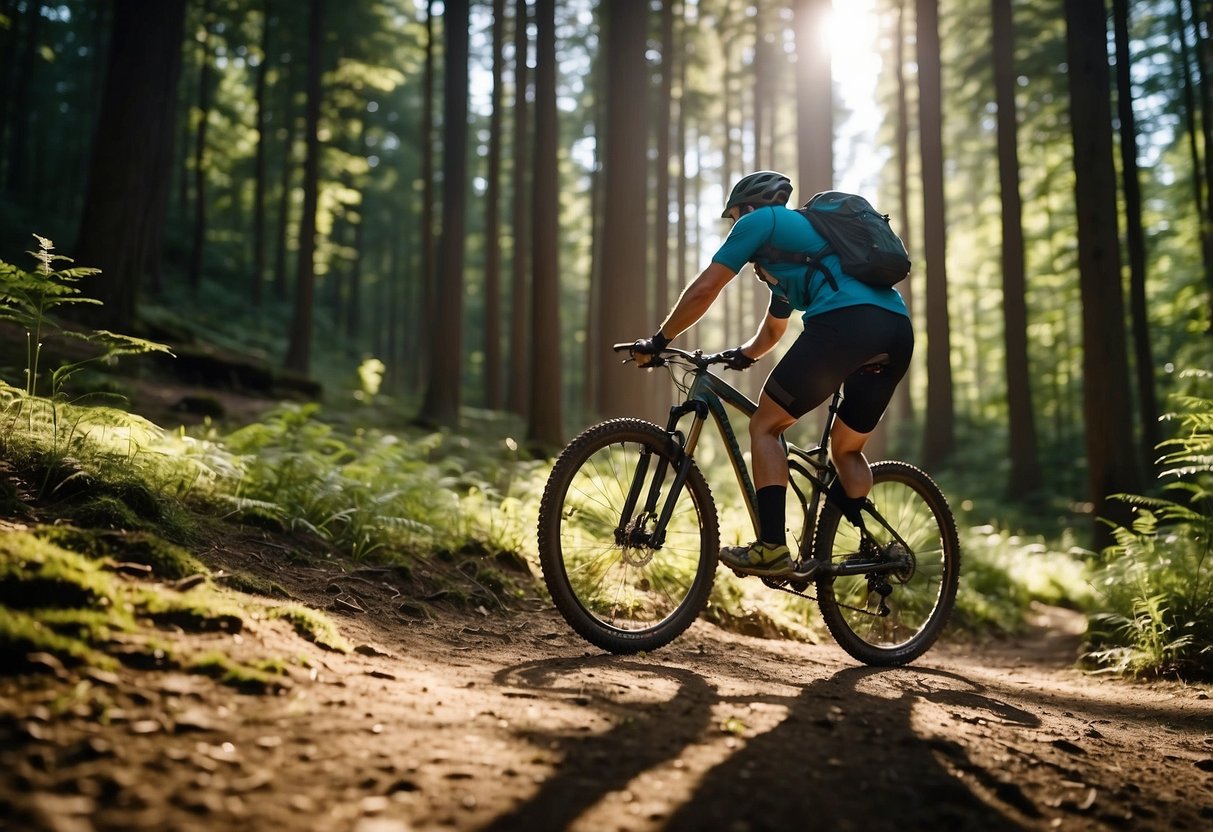 A mountain biker pauses on a trail, map and compass in hand, surrounded by lush forest and rolling hills. The sun filters through the trees, casting dappled shadows on the ground