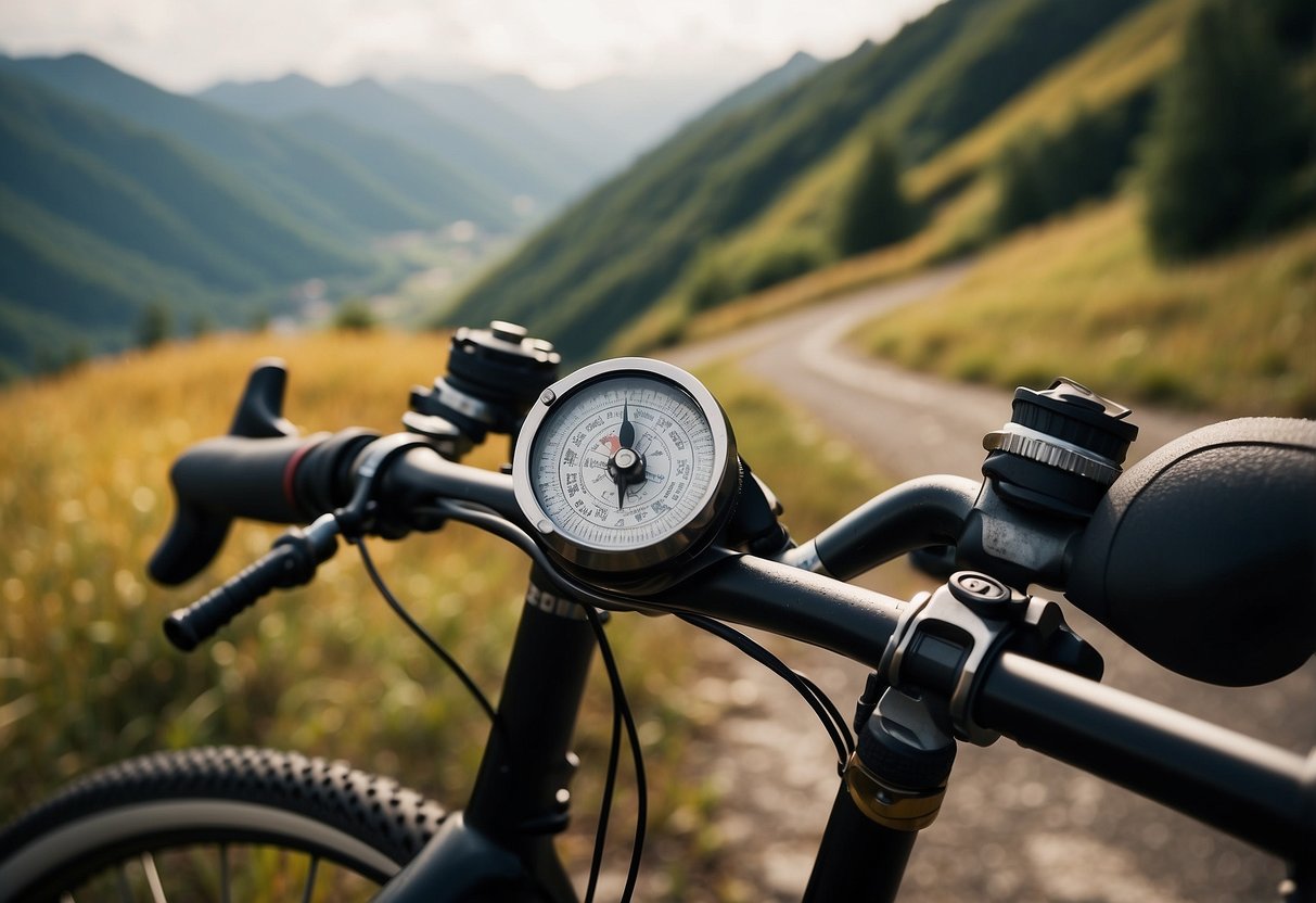 A bicycle with a map and compass attached to the handlebars, surrounded by winding trails and scenic views