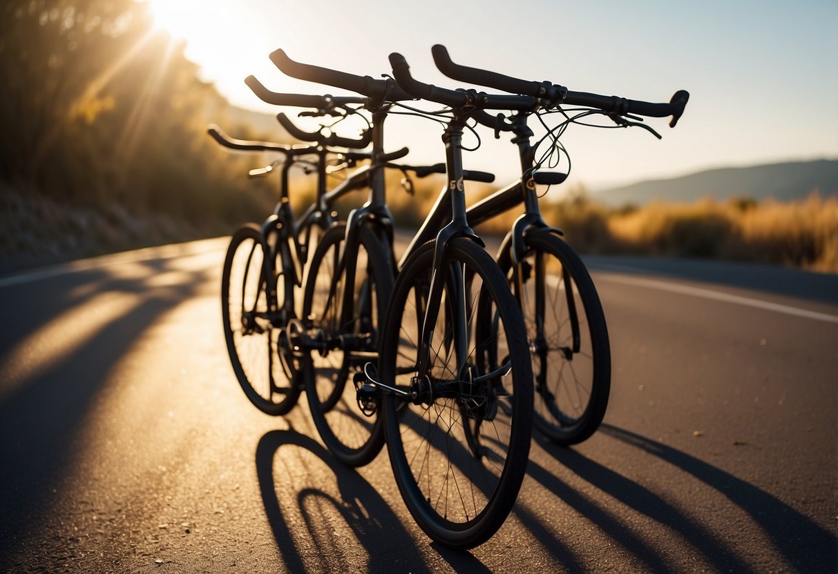 Five sleek, carbon-fiber biking rods arranged in a row, casting long shadows in the golden sunlight. The lightweight frames gleam, ready for the open road