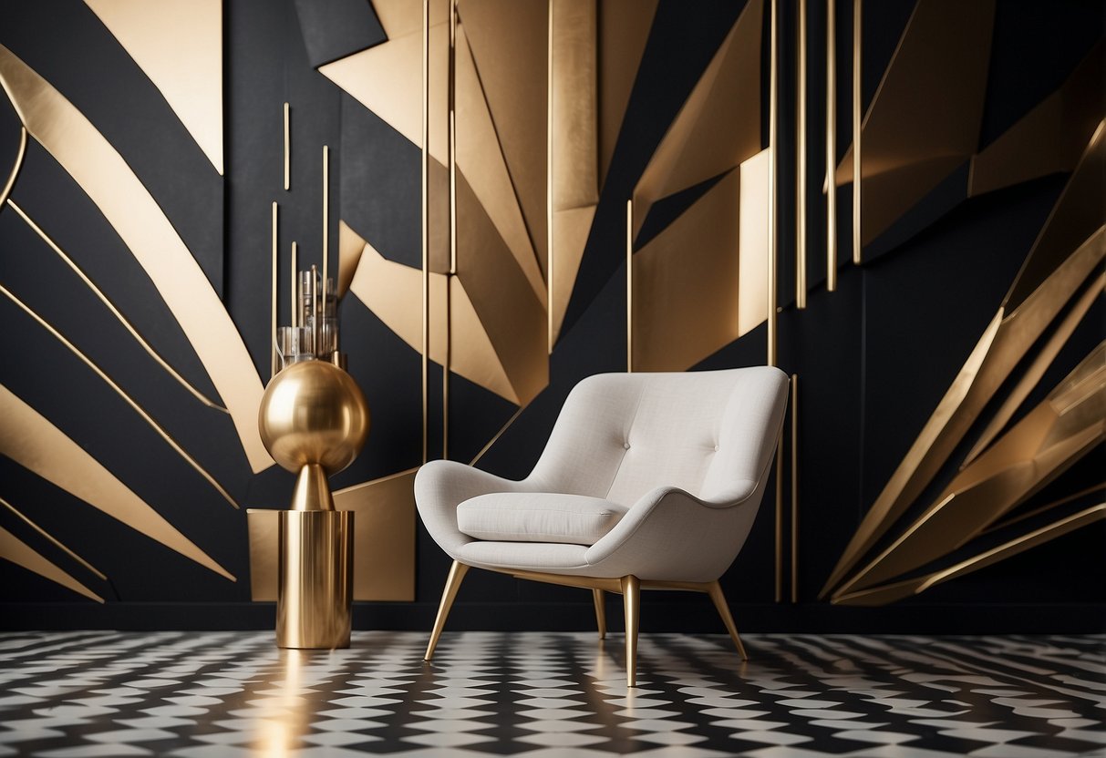 A sleek, minimalist chair sits against a backdrop of geometric patterns and metallic accents, capturing the essence of contemporary Art Deco design