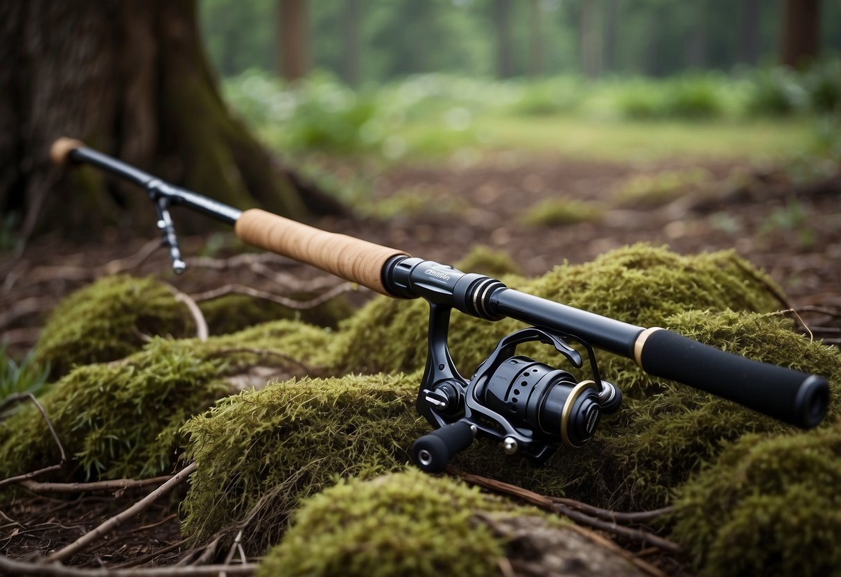 A fishing rod, Shimano TDR Trolling Rod, rests against a tree. The lightweight design and sleek finish make it perfect for biking trips