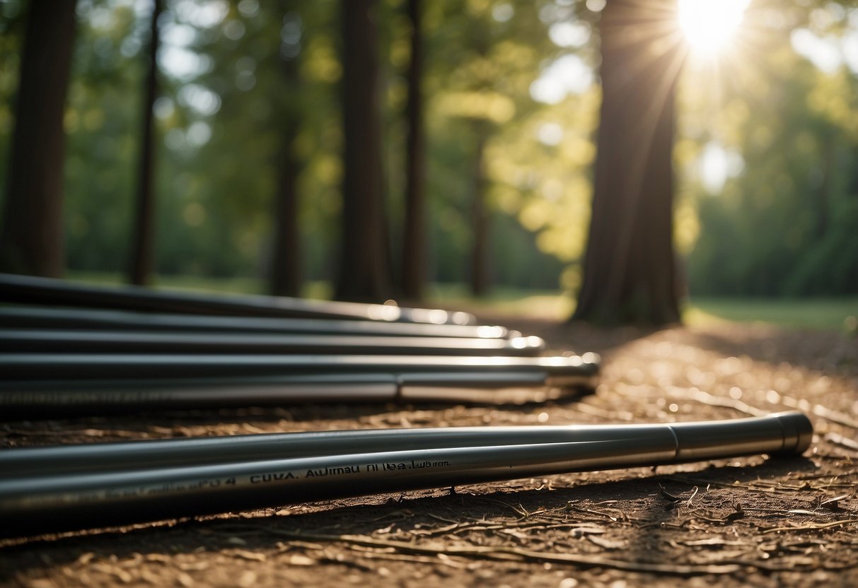 A sleek Okuma Celilo graphite rod leans against a tree, surrounded by five lightweight biking rods. The sun shines through the trees, casting dappled shadows on the ground