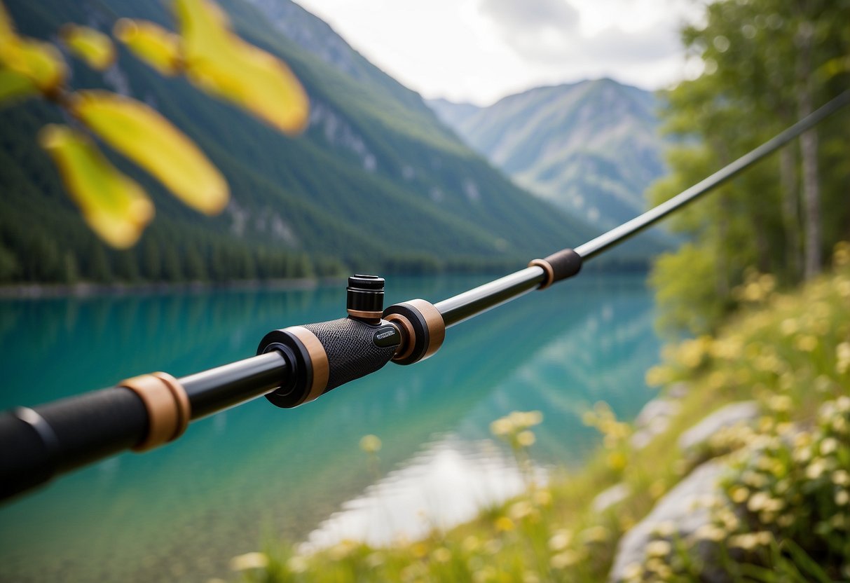 A sleek Fenwick HMG spinning rod rests against a backdrop of vibrant outdoor scenery, showcasing its lightweight and durable design for biking adventures