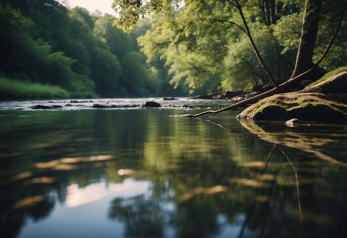 A serene riverbank, with a Daiwa Spinmatic Ultralight Rod propped against a tree, surrounded by lush greenery and the gentle sound of flowing water