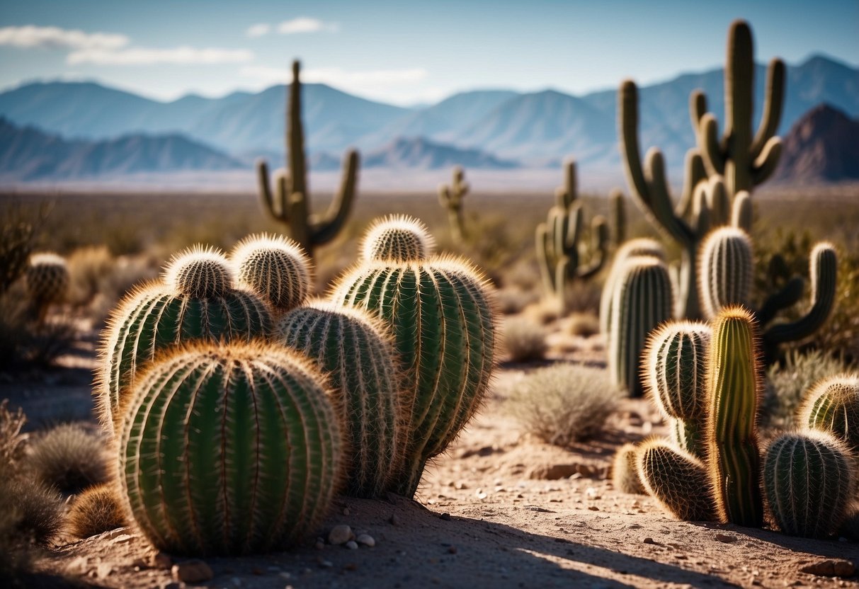 A rugged desert landscape with winding trails, cacti, and rocky outcrops, surrounded by towering mountains under a clear blue sky