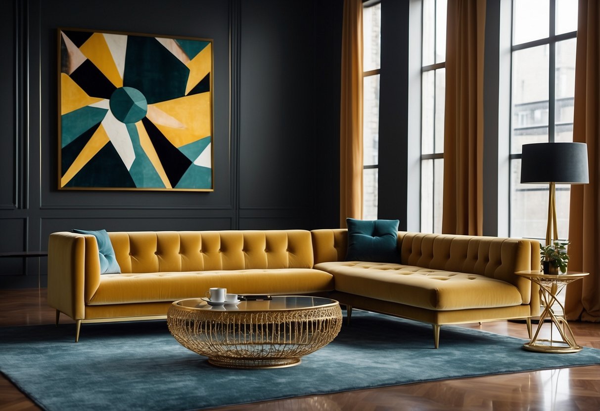 A luxurious velvet sofa sits in a modern Art Deco living room, surrounded by sleek, geometric furniture and bold, abstract artwork