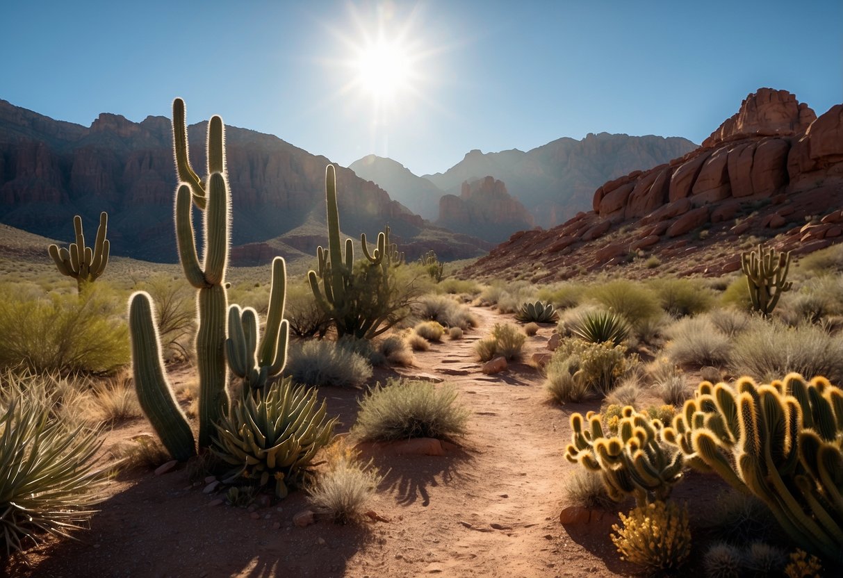 The Mid Mountain Trail winds through the desert, with cacti and red rock formations dotting the landscape. The sun is shining brightly in the clear blue sky, casting long shadows on the rugged terrain