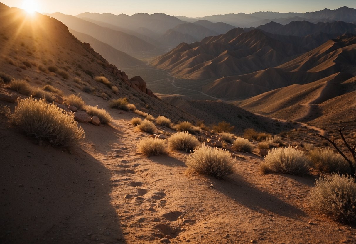 A dusty desert trail winds through rugged mountains, with a steep downhill descent. The sun sets behind the peaks, casting long shadows on the rocky terrain