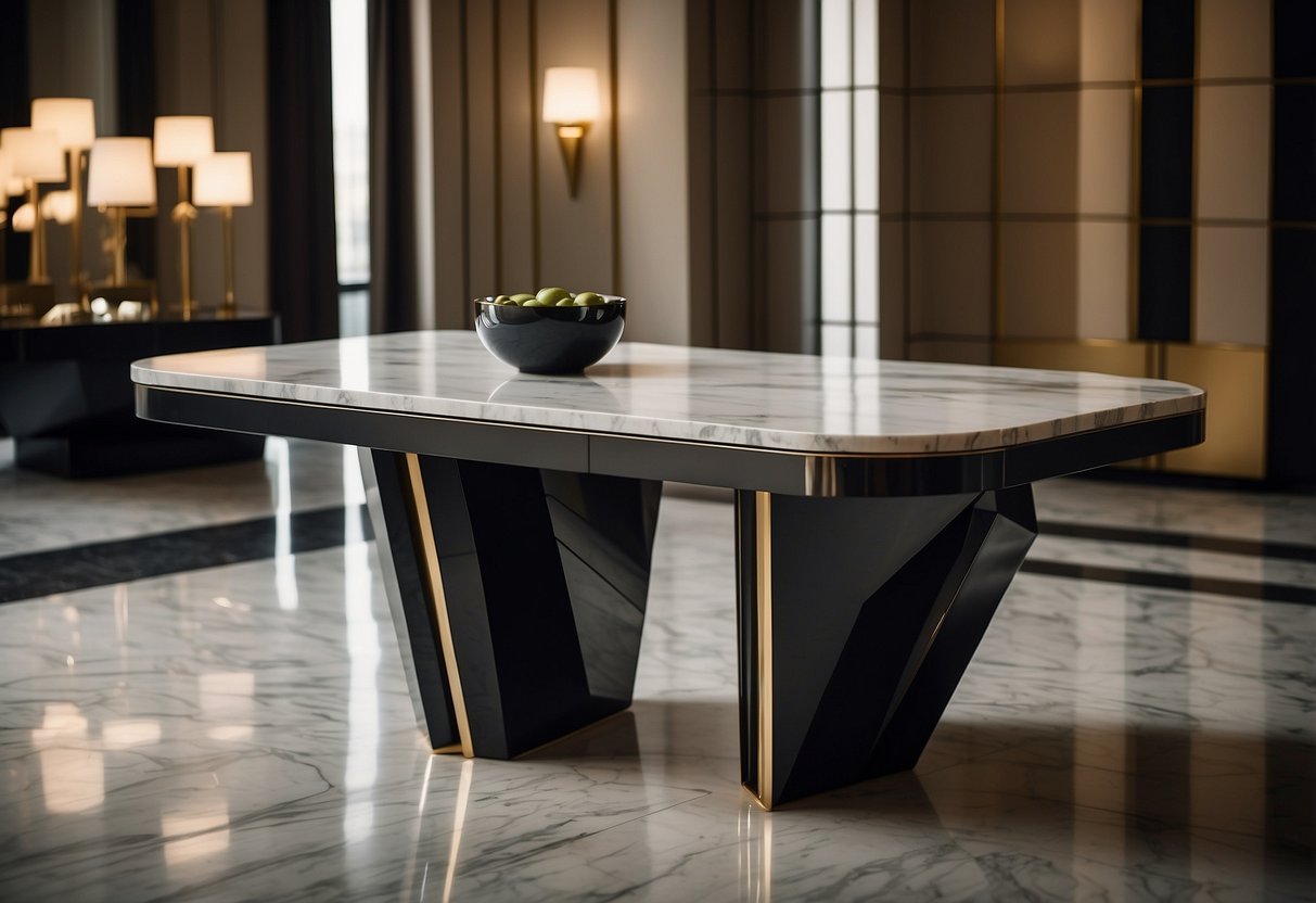 A sleek marble table sits in a modern, art deco-inspired room, surrounded by geometric shapes and luxurious finishes