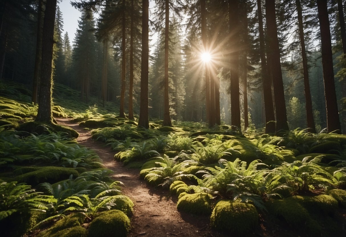 Lush green forest with winding trails, rocky terrain, and mountain peaks in the distance. Sunlight filters through the trees, casting dappled shadows on the ground