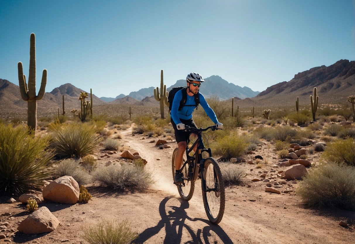 A desert mountain biking route winds through rocky terrain, with cacti and sparse vegetation dotting the landscape under a clear blue sky