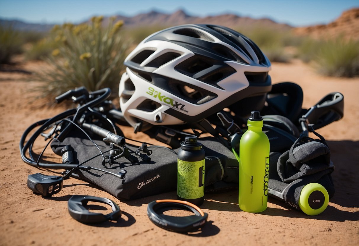 A desert mountain biking scene with essential gear laid out, including helmets, water bottles, and trail maps. Bikes are being prepped with tire pumps and tools nearby. Sandstone cliffs and cacti in the background