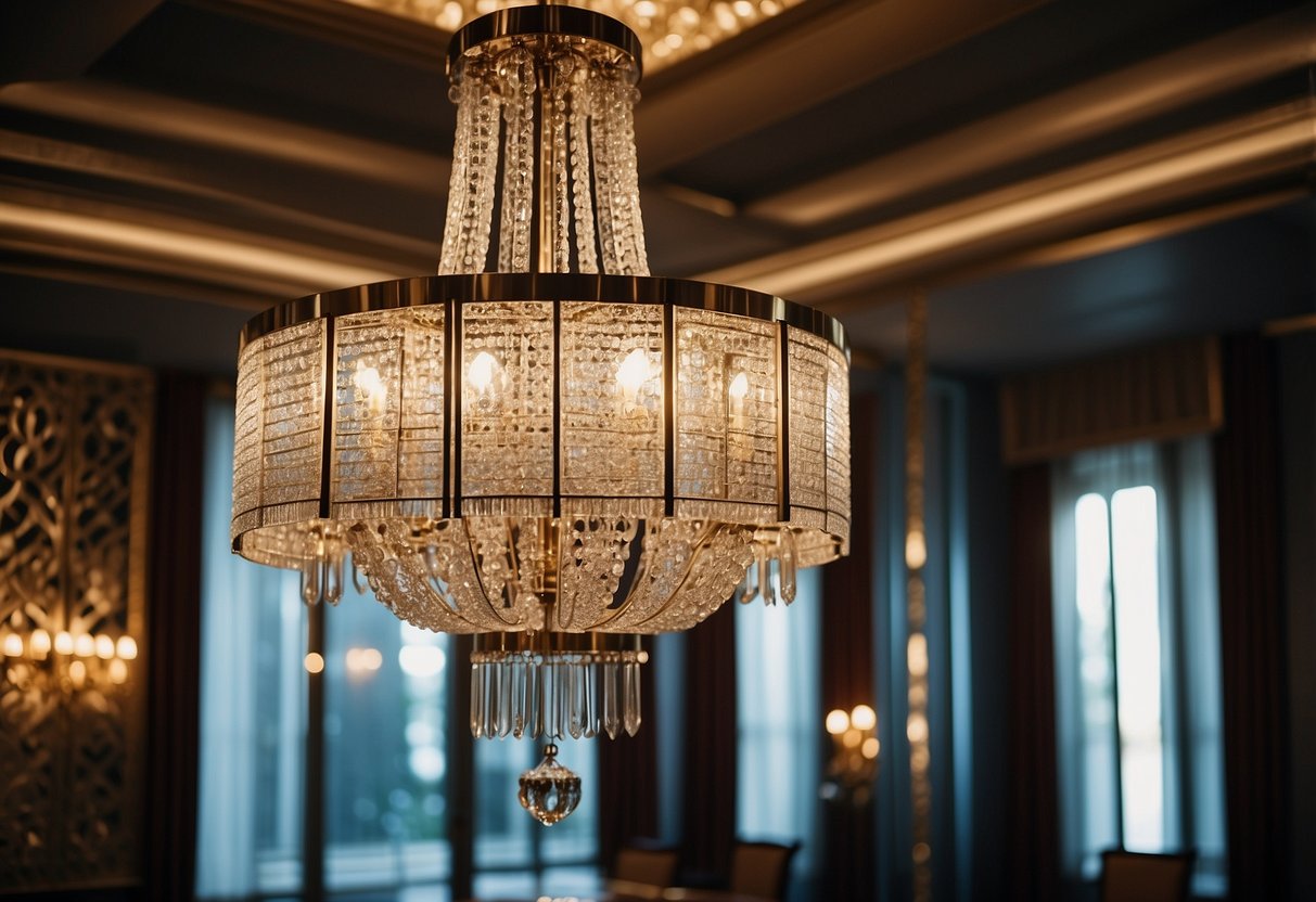 A grand chandelier illuminates an opulent Art Deco room, casting dramatic shadows on sleek, metallic furniture and geometric patterns