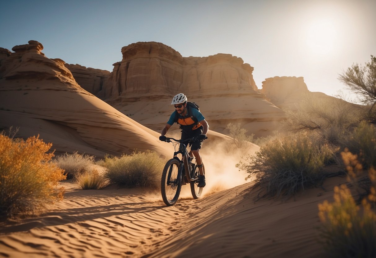 A mountain bike cruises through sandy dunes and rocky trails, surrounded by vast desert landscapes and towering sandstone formations