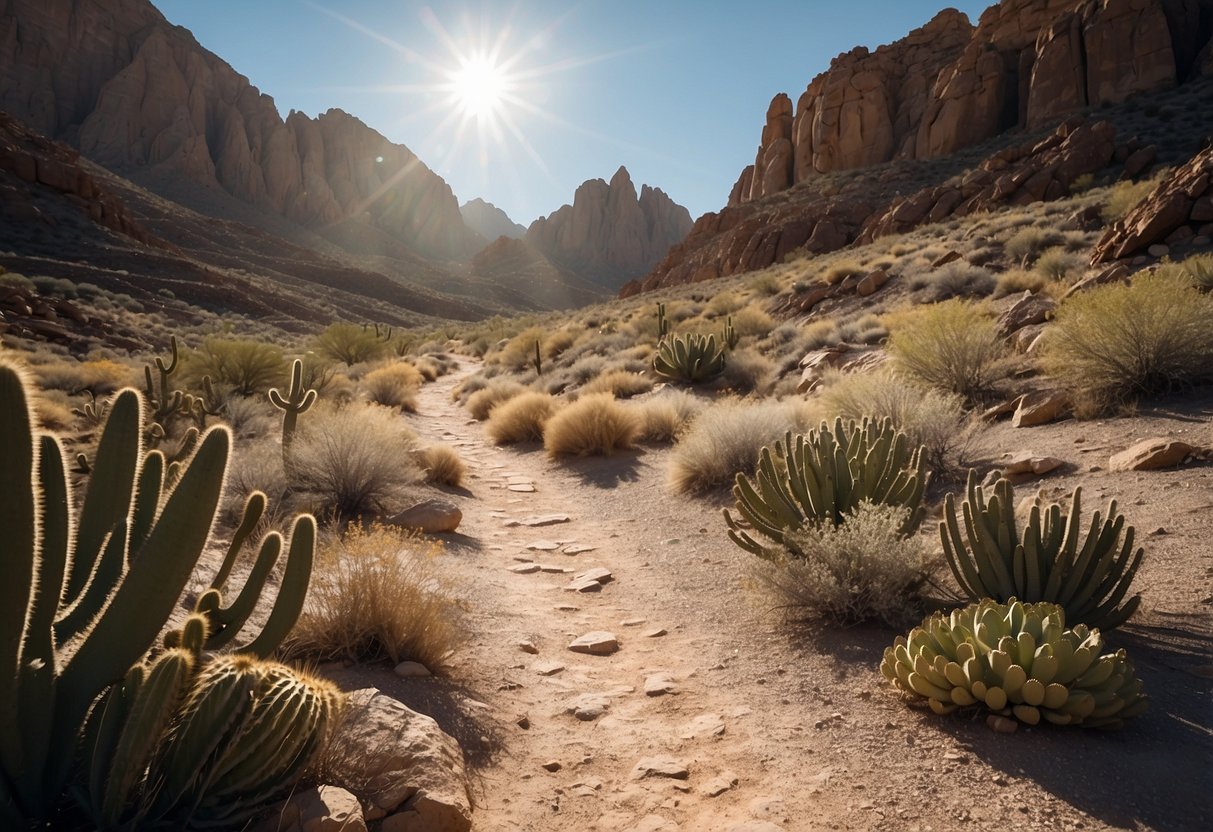 A desert mountain biking route winds through arid terrain, with cacti and rock formations dotting the landscape. The sun beats down on the rugged trail, while a clear blue sky stretches out overhead