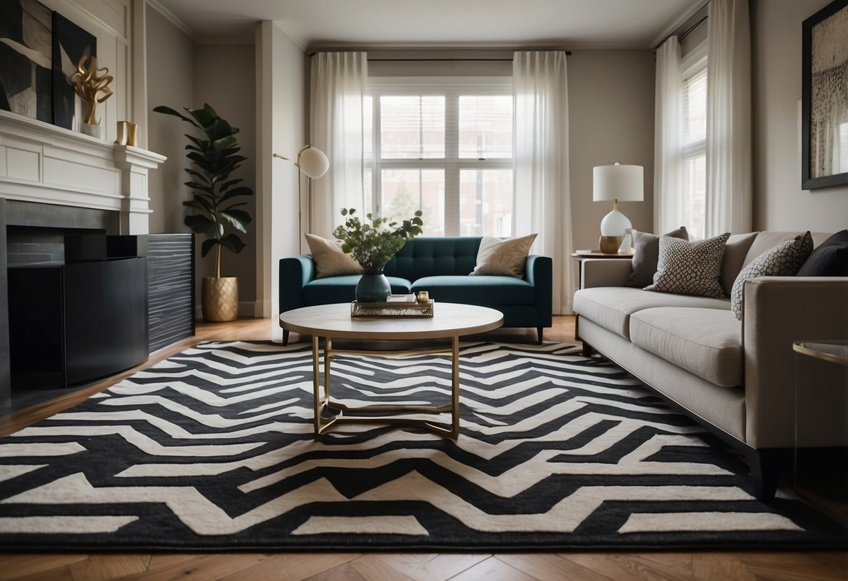 A modern living room with a geometric chevron area rug as the focal point, surrounded by contemporary art deco furniture and decor
