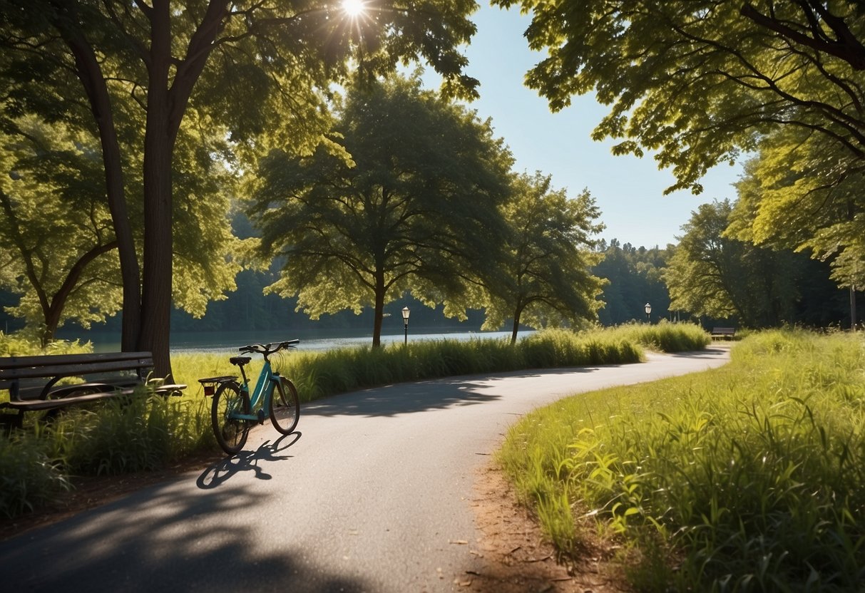 A sunny day with a winding bike path through lush greenery, with a clear blue sky overhead. A picnic area with a serene lake in the background, and a bike repair station nearby