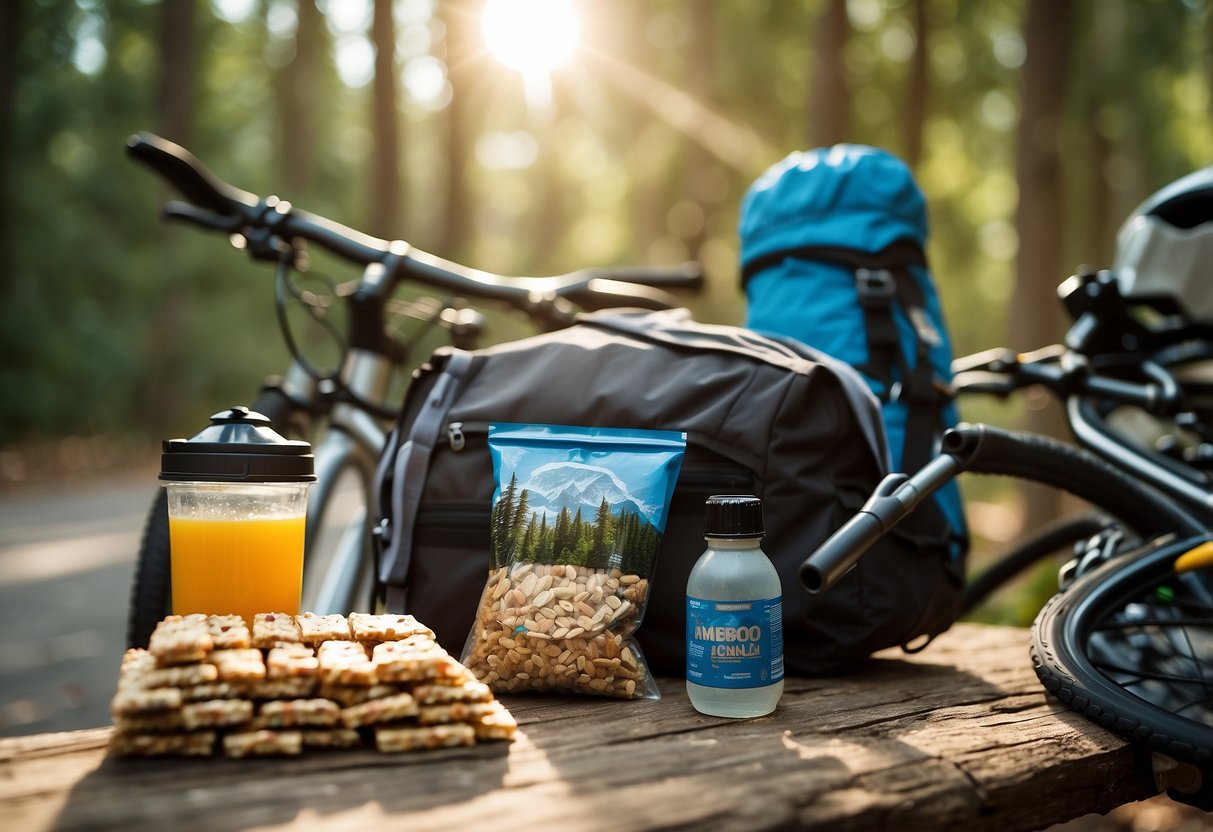 A backpack filled with granola bars, trail mix, and water bottles next to a bike and helmet. Sunshine and trees in the background