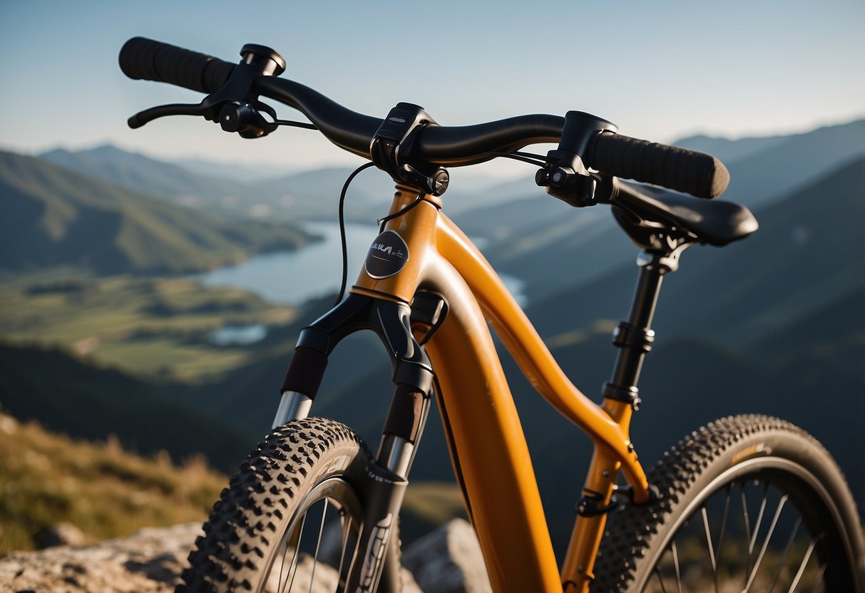 A bicycle saddle resting on a sturdy rack, surrounded by scenic views and outdoor gear, with a map and water bottle nearby