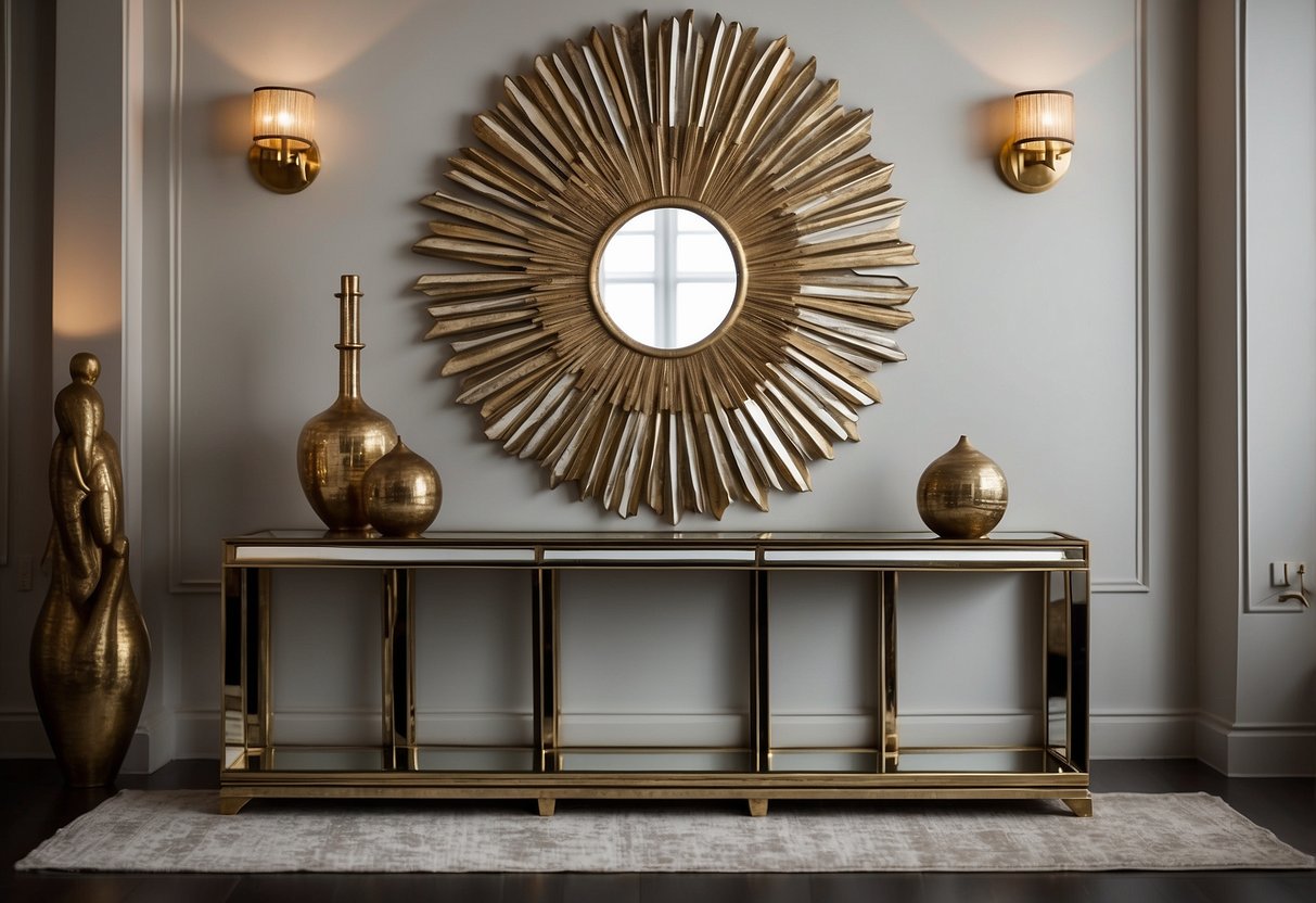 A sleek, mirrored console table reflects a geometric-patterned rug and a cluster of modern art deco sculptures. A sunburst mirror hangs above, casting a warm glow on the elegant, contemporary space