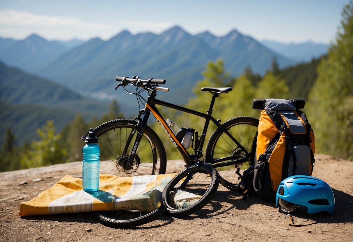 A bicycle with a comfortable seat, helmet, water bottle, and a map. Sunscreen, sunglasses, and a small backpack. The bike is on a scenic trail with trees and mountains in the background