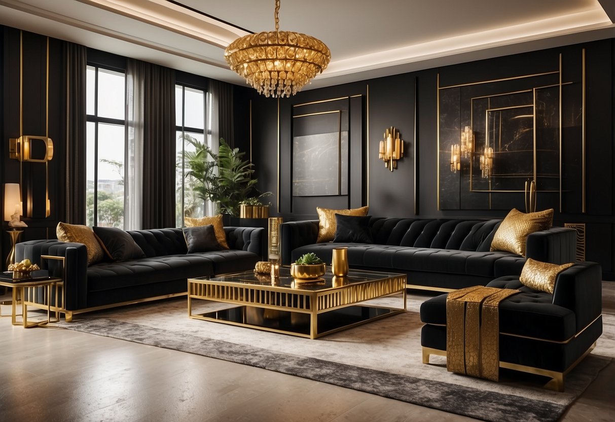 A luxurious living room with black and gold color schemes, featuring geometric patterns, sleek furniture, and art deco accents