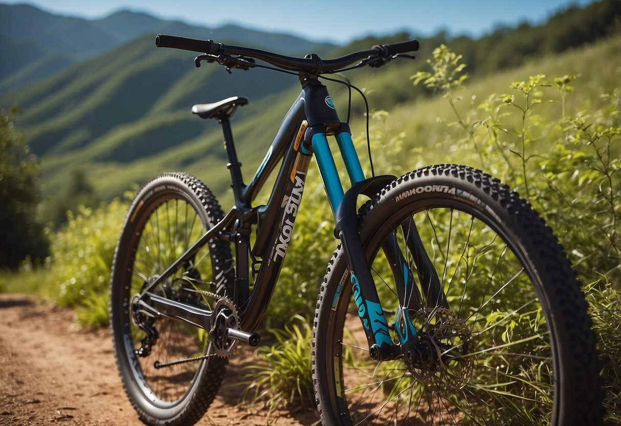 A mountain bike with 5 hydration systems attached, set against a scenic trail with lush greenery and a clear blue sky