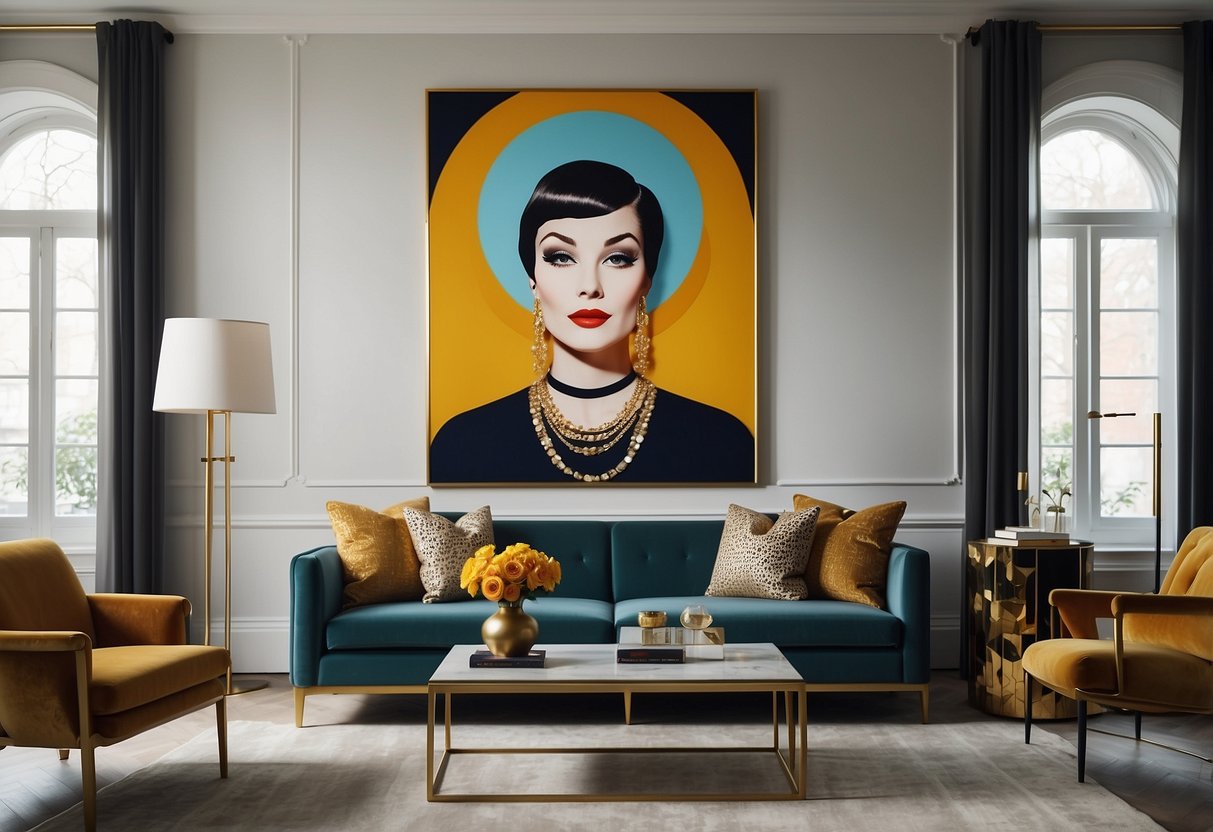 A sleek, minimalist living room with geometric patterns, bold colors, and metallic accents. A vintage-inspired poster of a glamorous woman in an art deco style frame hangs on the wall