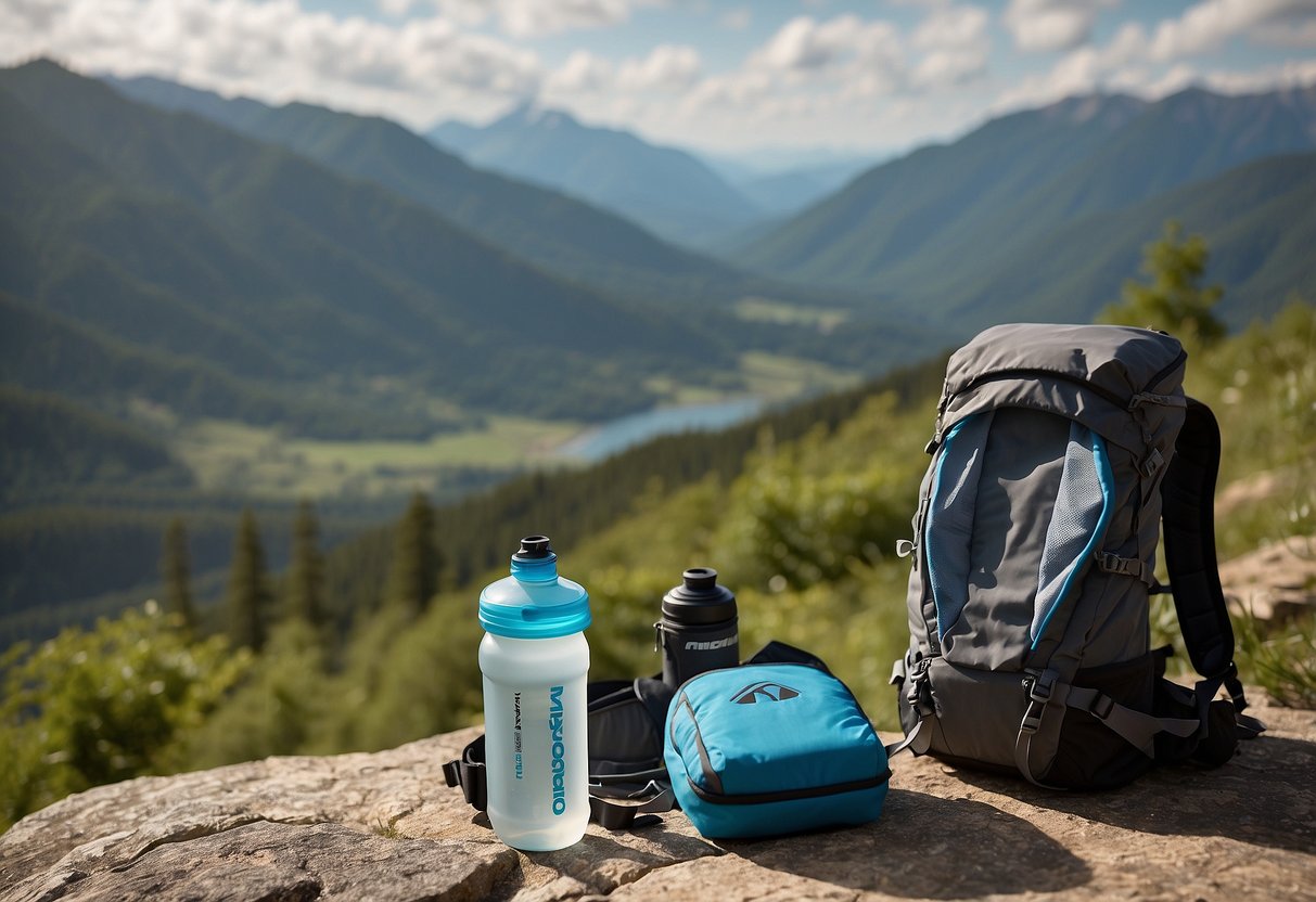 A cyclist's backpack with a Hydrapak Velocity 1.5L hydration system, nestled among biking gear, against a scenic outdoor backdrop