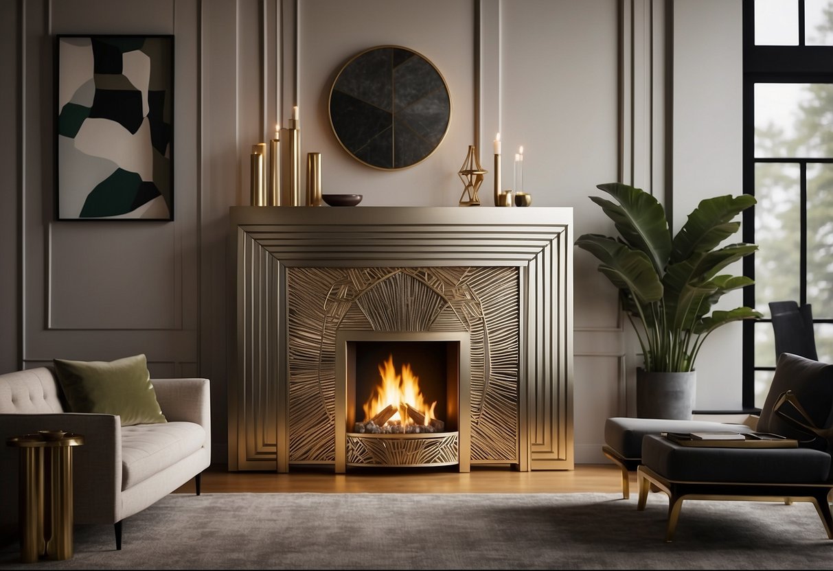 A sleek Art Deco fireplace mantel adorned with geometric patterns and metallic accents, surrounded by modern furnishings and bold, angular artwork