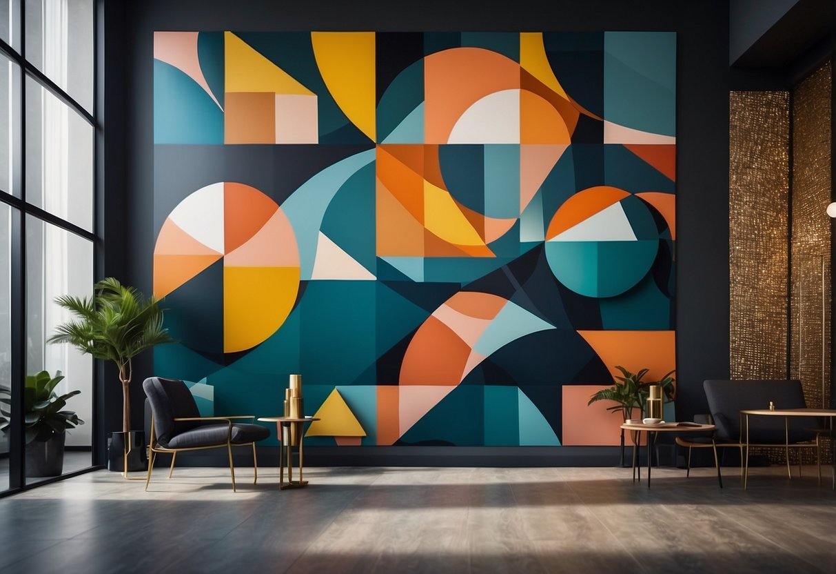 A vibrant, geometric mural adorns a sleek, modern interior, adding a bold and contemporary Art Deco touch to the space