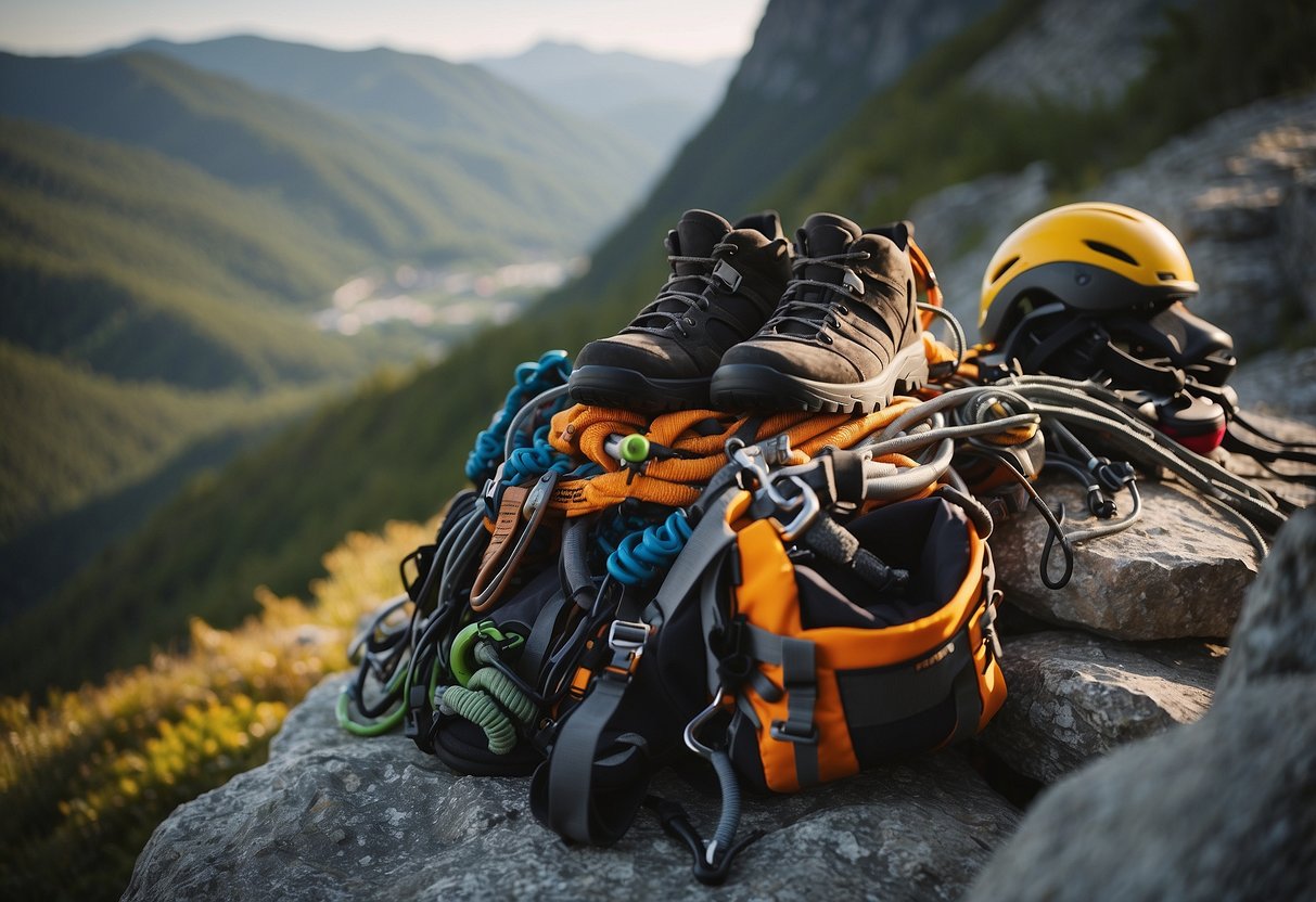 A pile of gear including harness, helmet, carabiners, ropes, and climbing shoes on a rocky ledge with a beautiful mountain backdrop